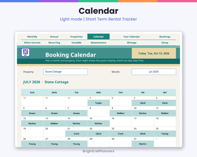 K&ouml;nnte beinhalten: Eine digitale Buchungskalender-Oberfl&auml;che f&uuml;r Kurzzeitvermietungen mit hellem Layout und t&uuml;rkisfarbenen Kopfzeilen. Sie zeigt eine Monatsansicht f&uuml;r Juli 2026 mit Gastnamen wie Taylor, Clark, Walker und Young an bestimmten Daten.