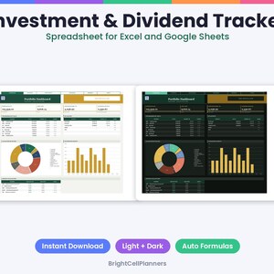 Puede incluir: Hoja de c&aacute;lculo Investment & Dividend Tracker para Excel y Google Sheets. La pantalla muestra dos versiones del panel de cartera, una con tema claro y otra con tema oscuro, con tablas de datos, gr&aacute;ficos circulares y de barras.