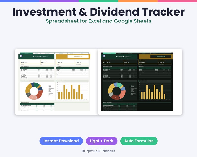 Puede incluir: Hoja de c&aacute;lculo Investment & Dividend Tracker para Excel y Google Sheets. La pantalla muestra dos versiones del panel de cartera, una con tema claro y otra con tema oscuro, con tablas de datos, gr&aacute;ficos circulares y de barras.