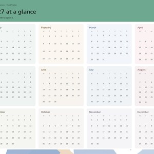 May include: A digital 2027 calendar planner page titled 2027 at a glance. It features twelve monthly grids arranged in a four-by-three layout, each with a soft pastel background. A sidebar on the left lists navigation tabs including Index, Year, Setup, Annual, and Mood Log.
