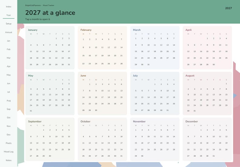 May include: A digital 2027 calendar planner page titled 2027 at a glance. It features twelve monthly grids arranged in a four-by-three layout, each with a soft pastel background. A sidebar on the left lists navigation tabs including Index, Year, Setup, Annual, and Mood Log.