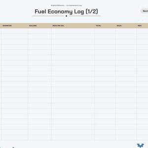 May include: A digital fuel economy log planner page with a tan header row containing columns for date, odometer, gallons, price per gal, total, miles, and mpg. The page features a side navigation bar with tabs for index, vehicle, service, oil, fuel, tires, repairs, registration, and notes.