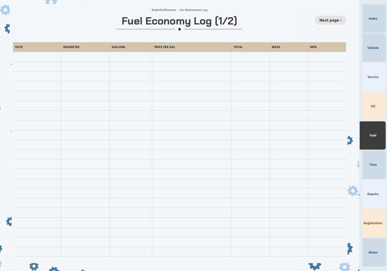 May include: A digital fuel economy log planner page with a tan header row containing columns for date, odometer, gallons, price per gal, total, miles, and mpg. The page features a side navigation bar with tabs for index, vehicle, service, oil, fuel, tires, repairs, registration, and notes.