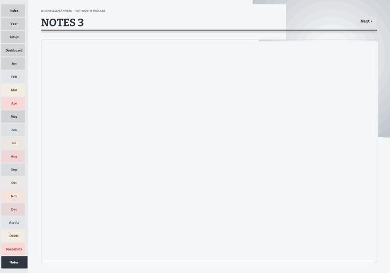 Peut inclure: Une page de planificateur num&eacute;rique intitul&eacute;e NOTES 3 avec un menu de navigation lat&eacute;ral contenant des onglets pour Index, Year, Setup, Dashboard, les mois de Jan &agrave; Dec, Assets, Debits, Snapshots et Notes. Interface blanche.