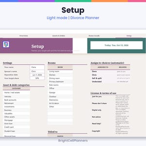 K&ouml;nnte beinhalten: Eine digitale Scheidungsplaner-Oberfl&auml;che im Light-Modus mit dem Titel Setup. Das Layout enth&auml;lt Abschnitte f&uuml;r Einstellungen, Verm&ouml;gens- und Schuldenkategorien, R&auml;ume, Zuweisungsoptionen sowie Lizenz- und Nutzungsbedingungen mit Textfeldern.