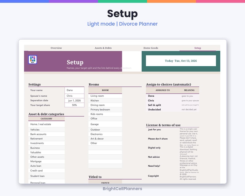 K&ouml;nnte beinhalten: Eine digitale Scheidungsplaner-Oberfl&auml;che im Light-Modus mit dem Titel Setup. Das Layout enth&auml;lt Abschnitte f&uuml;r Einstellungen, Verm&ouml;gens- und Schuldenkategorien, R&auml;ume, Zuweisungsoptionen sowie Lizenz- und Nutzungsbedingungen mit Textfeldern.