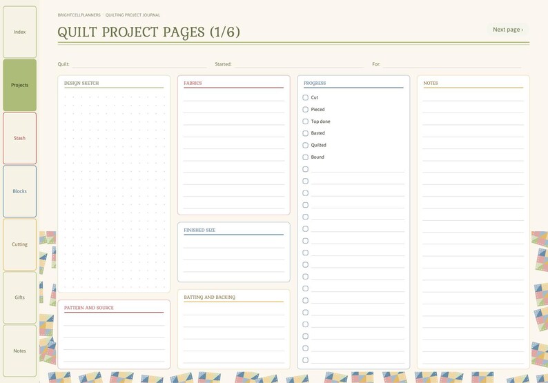 May include: A digital quilt project planner page titled Quilt Project Pages (1/6) with sections for design sketch, fabric, progress, notes, finished size, batting, backing, and pattern source, featuring a sidebar with navigation tabs.