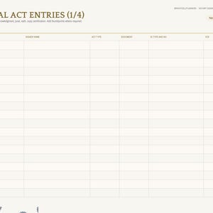 May include: A digital notarial act entries log page with a cream background and gold accents. The header reads Notarial Act Entries (1/4). Columns include Date and Time, Signer Name, Act Type, Document, ID Type and No., and Fee. A sidebar lists navigation tabs.