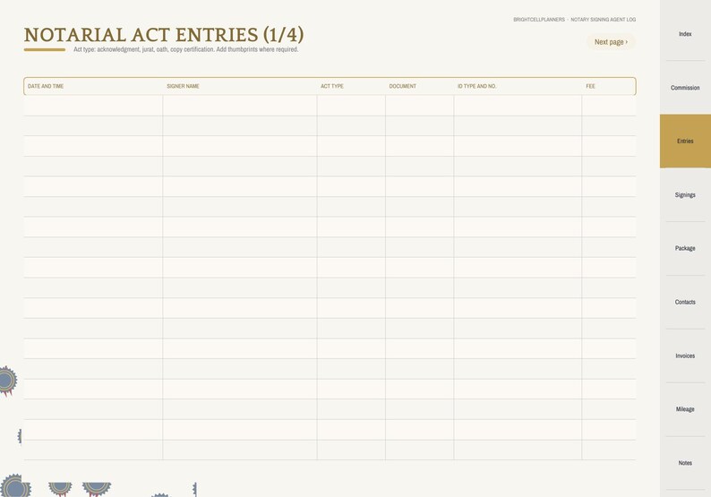 May include: A digital notarial act entries log page with a cream background and gold accents. The header reads Notarial Act Entries (1/4). Columns include Date and Time, Signer Name, Act Type, Document, ID Type and No., and Fee. A sidebar lists navigation tabs.
