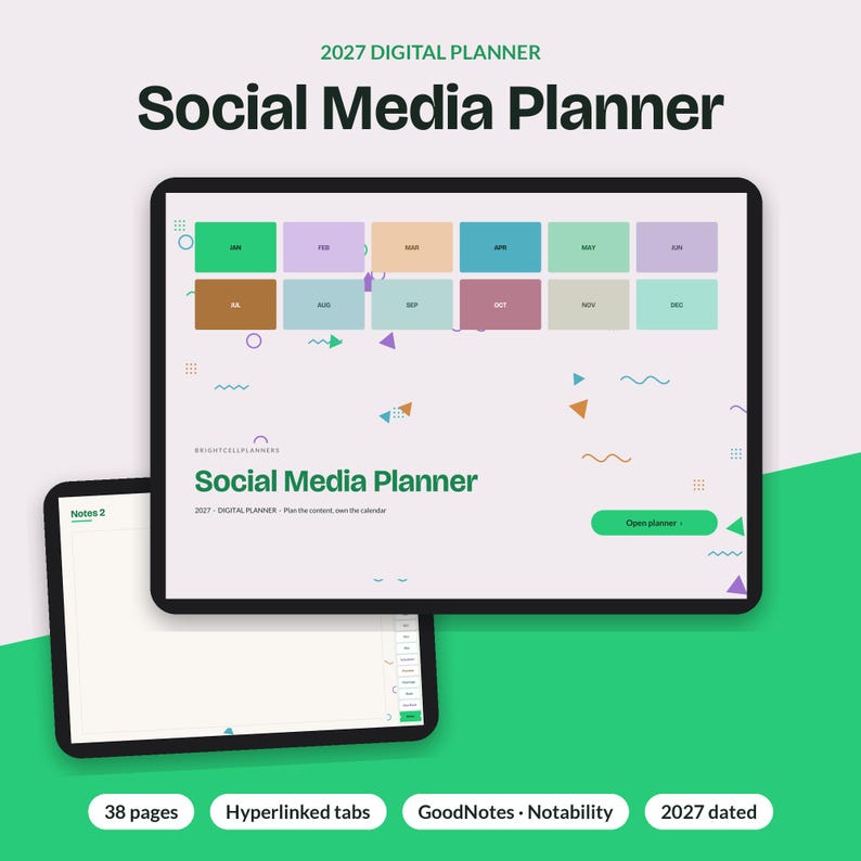 Puede incluir: Un planificador digital de redes sociales 2027 mostrado en dos pantallas de tableta. La interfaz presenta doce botones rectangulares de colores para los meses, el texto Social Media Planner, un bot&oacute;n Open planner y formas geom&eacute;tricas.