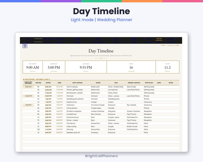May include: A digital wedding planner interface titled Day Timeline in light mode. The screen displays a schedule table with columns for time, duration, event description, location, participants, vendors, and notes, organized by a chronological run of show.