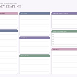 Puede incluir: Una p&aacute;gina de planificador digital para servicios funerarios y conmemorativos titulada OBITUARY DRAFTING. Incluye secciones etiquetadas para nombre completo, historia de vida, sobrevivientes, predecesores y detalles del servicio funerario.