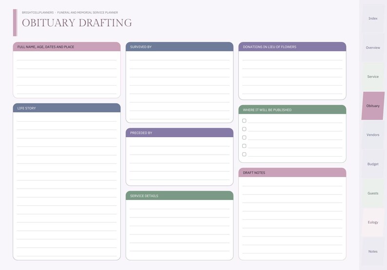 Puede incluir: Una p&aacute;gina de planificador digital para servicios funerarios y conmemorativos titulada OBITUARY DRAFTING. Incluye secciones etiquetadas para nombre completo, historia de vida, sobrevivientes, predecesores y detalles del servicio funerario.
