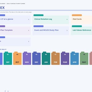 May include: A digital nursing student planner index page titled 2026-27 Nursing Student Planner. It features navigation tiles for 2026-27 at a glance, Clinical Rotation Log, Med Cards, Care Plan Template, Exam and NCLEX Study Plan, and Lab Values Reference.