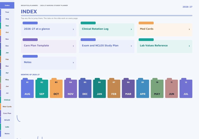 May include: A digital nursing student planner index page titled 2026-27 Nursing Student Planner. It features navigation tiles for 2026-27 at a glance, Clinical Rotation Log, Med Cards, Care Plan Template, Exam and NCLEX Study Plan, and Lab Values Reference.