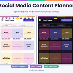 May include: A Social Media Content Planner spreadsheet for Excel and Google Sheets featuring light and dark mode previews. The interface displays a feed preview with grid layouts, post types, and scheduling details for Instagram content management.