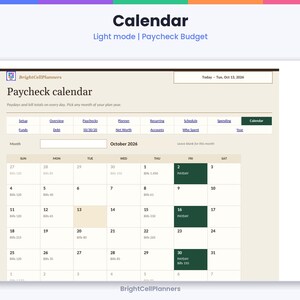 Puede incluir: Una interfaz de calendario de n&oacute;mina digital de BrightCellPlanners para octubre de 2026. El dise&ntilde;o incluye un men&uacute; de navegaci&oacute;n, una cuadr&iacute;cula mensual con fechas numeradas y celdas resaltadas en verde oscuro con la etiqueta PAYDAY.