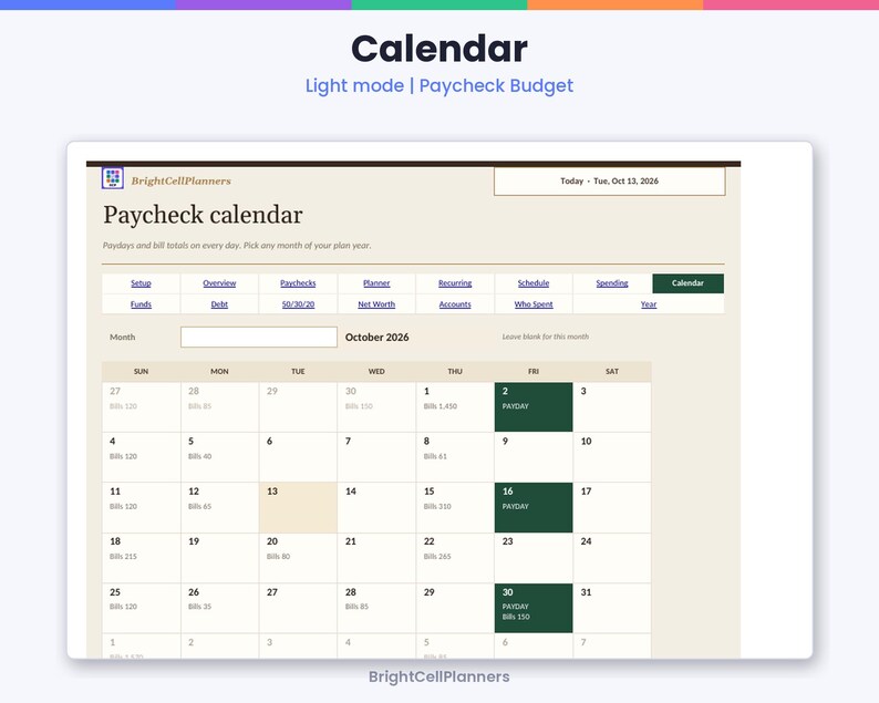 Puede incluir: Una interfaz de calendario de n&oacute;mina digital de BrightCellPlanners para octubre de 2026. El dise&ntilde;o incluye un men&uacute; de navegaci&oacute;n, una cuadr&iacute;cula mensual con fechas numeradas y celdas resaltadas en verde oscuro con la etiqueta PAYDAY.