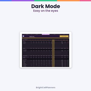 May include: A digital spreadsheet interface displayed on a screen with the text Dark Mode Easy on the eyes at the top and Profit & Loss in the header. The table features a dark purple background with gold accents and BrightCellPlanners text.