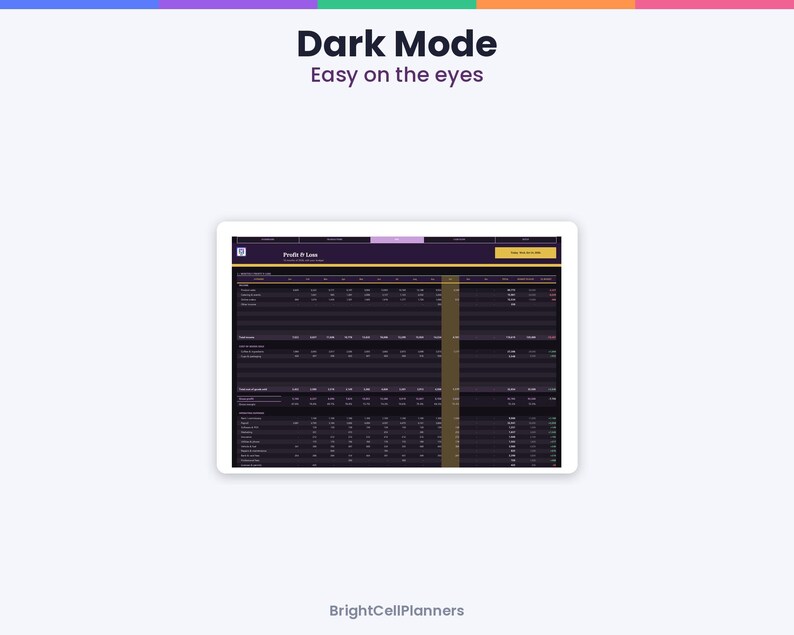 May include: A digital spreadsheet interface displayed on a screen with the text Dark Mode Easy on the eyes at the top and Profit & Loss in the header. The table features a dark purple background with gold accents and BrightCellPlanners text.
