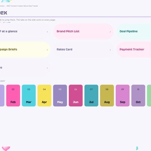 May include: A digital planner index page titled 2027 Content Creator Brand Deal Tracker. It features a sidebar navigation, a main section with clickable tiles for brand pitches, deal pipelines, and campaign briefs, and a row of twelve colored monthly buttons.
