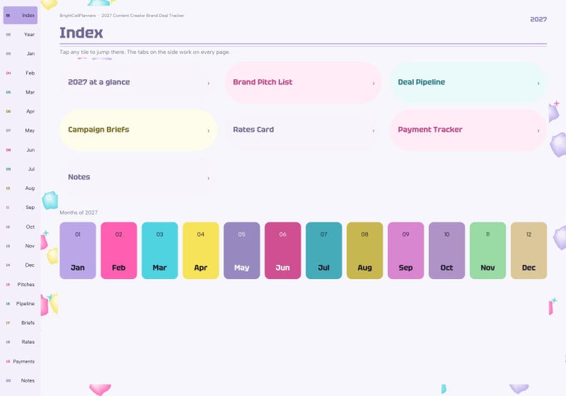 May include: A digital planner index page titled 2027 Content Creator Brand Deal Tracker. It features a sidebar navigation, a main section with clickable tiles for brand pitches, deal pipelines, and campaign briefs, and a row of twelve colored monthly buttons.