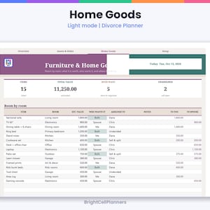 K&ouml;nnte beinhalten: Eine digitale Benutzeroberfl&auml;che f&uuml;r einen Haushalts-Scheidungsplaner im hellen Modus. Der Bildschirm zeigt eine Tabelle mit dem Titel Furniture & Home Goods mit Spalten f&uuml;r Artikel, R&auml;ume, gesch&auml;tzte Werte und Zuweisungen. Es werden 15 Artikel, ein Gesamtwert von 11.250,00 und der Text BrightCellPlanners angezeigt.