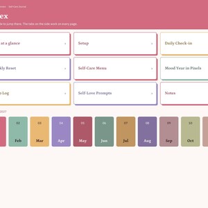 May include: A digital self-care journal index page with a pink header labelled Index and 2027. It features white rectangular navigation tiles for Year at a glance, Setup, Daily Check-in, Weekly Reset, Self-Care Menu, Mood Year in Pixels, Sleep Log, Self-Love Prompts, and Notes, plus a row of twelve coloured month buttons.