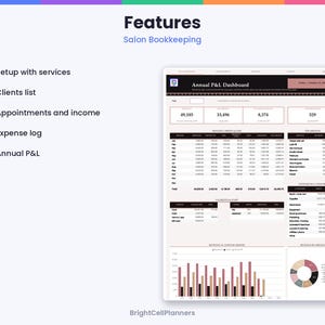 K&ouml;nnte beinhalten: Ein digitales Buchhaltungs-Dashboard f&uuml;r Salons mit einer j&auml;hrlichen Gewinn- und Verlustrechnung, Kundenlisten, Terminverfolgung und Ausgabenprotokollen. Die Oberfl&auml;che zeigt Tabellen, Balkendiagramme und ein Tortendiagramm in Schwarz, Wei&szlig; und zartem Rosa.