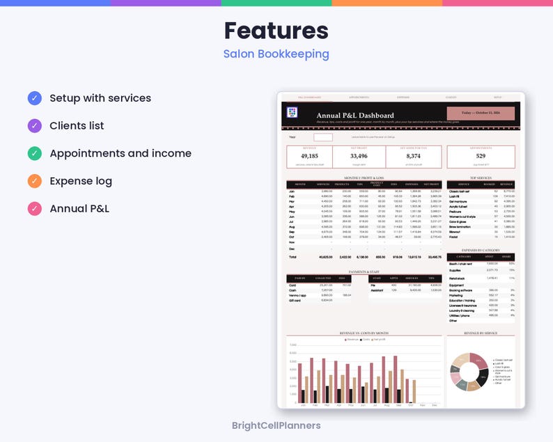 K&ouml;nnte beinhalten: Ein digitales Buchhaltungs-Dashboard f&uuml;r Salons mit einer j&auml;hrlichen Gewinn- und Verlustrechnung, Kundenlisten, Terminverfolgung und Ausgabenprotokollen. Die Oberfl&auml;che zeigt Tabellen, Balkendiagramme und ein Tortendiagramm in Schwarz, Wei&szlig; und zartem Rosa.