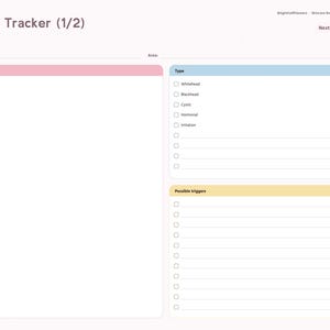 May include: A digital Breakout Tracker page from a skincare routine journal. The layout includes a face map section, a type checklist with options like whitehead and cystic, and a section for possible triggers. The design features soft pastel colors.