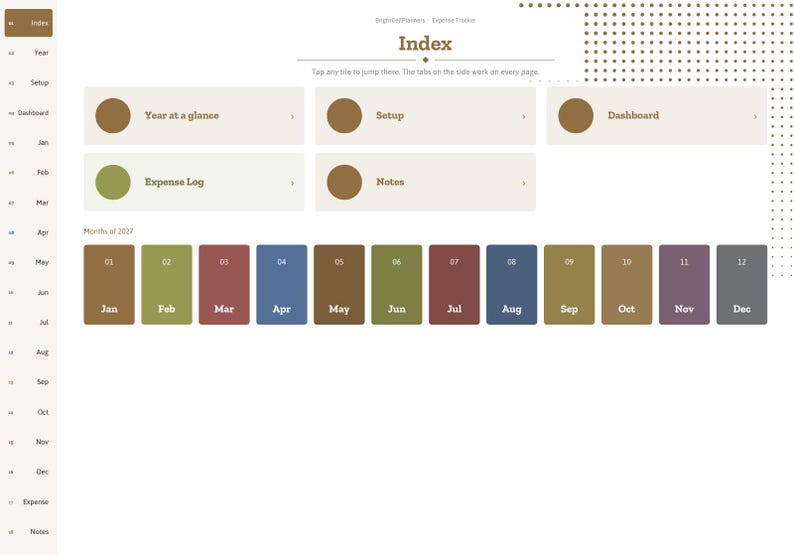 May include: A digital planner index page titled Index with navigation tiles for Year at a glance, Setup, Dashboard, Expense Log, and Notes. Below are twelve rectangular buttons labeled Jan through Dec in various colors for 2027.