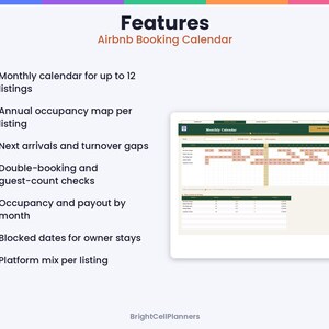 May include: A digital Airbnb booking calendar planner featuring a list of features including monthly calendar for 12 listings, annual occupancy map, next arrivals, turnover gaps, double-booking checks, occupancy, payout, and blocked dates.
