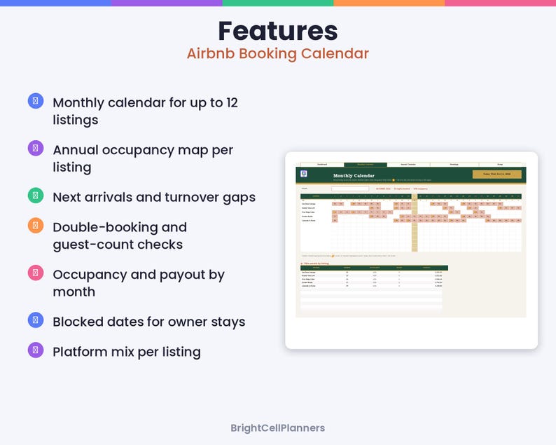 May include: A digital Airbnb booking calendar planner featuring a list of features including monthly calendar for 12 listings, annual occupancy map, next arrivals, turnover gaps, double-booking checks, occupancy, payout, and blocked dates.