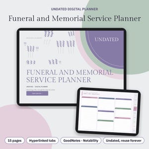 Puede incluir: Un planificador digital sin fecha para funerales y servicios conmemorativos en dos pantallas de tableta. La interfaz muestra ilustraciones de lavanda, el texto "Funeral and Memorial Service Planner" y un dise&ntilde;o de p&aacute;gina "Obituary Drafting".