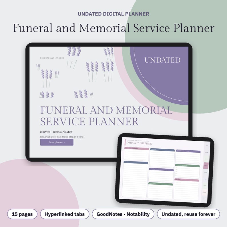Puede incluir: Un planificador digital sin fecha para funerales y servicios conmemorativos en dos pantallas de tableta. La interfaz muestra ilustraciones de lavanda, el texto "Funeral and Memorial Service Planner" y un dise&ntilde;o de p&aacute;gina "Obituary Drafting".