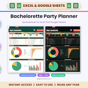 K&ouml;nnte beinhalten: Eine Bachelorette Party Planner Tabellenkalkulation f&uuml;r Excel und Google Sheets mit Dashboards im hellen und dunklen Modus. Die Oberfl&auml;che zeigt Zeitpl&auml;ne, Budgetkategorien sowie Datenvisualisierungen wie Kreis- und Balkendiagramme.