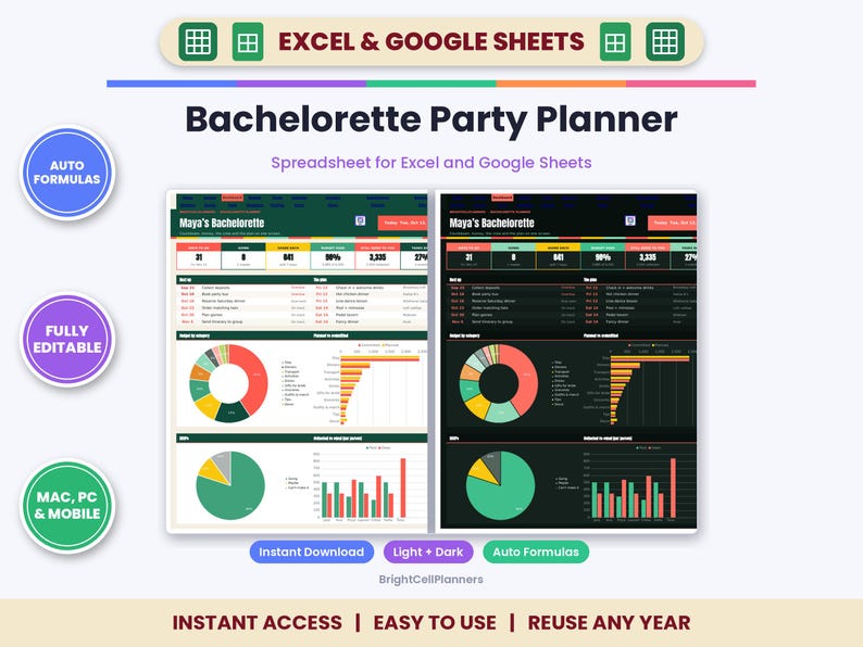 K&ouml;nnte beinhalten: Eine Bachelorette Party Planner Tabellenkalkulation f&uuml;r Excel und Google Sheets mit Dashboards im hellen und dunklen Modus. Die Oberfl&auml;che zeigt Zeitpl&auml;ne, Budgetkategorien sowie Datenvisualisierungen wie Kreis- und Balkendiagramme.