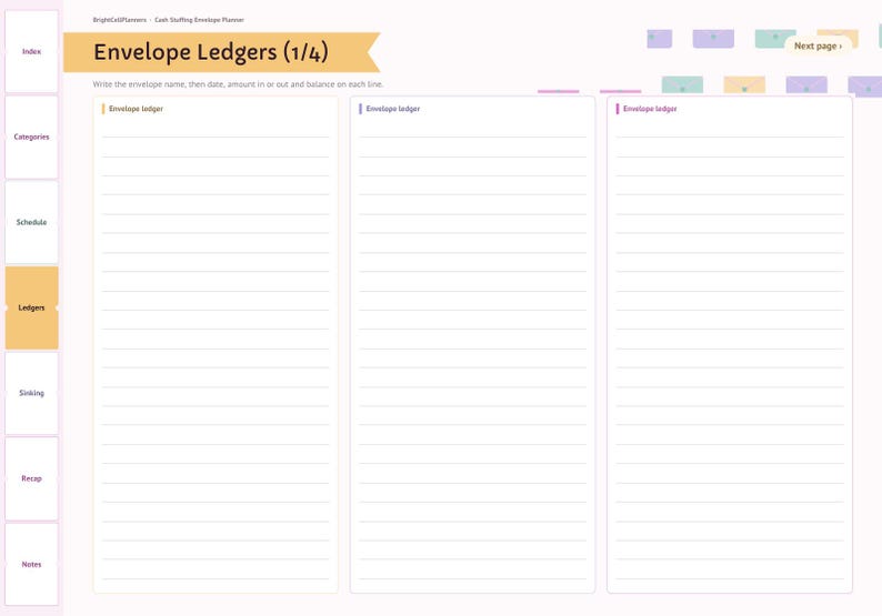 May include: A digital planner page titled Envelope Ledgers (1/4) with three vertical columns for tracking financial data. Each column features horizontal lines and the text Envelope ledger. A sidebar lists navigation tabs.