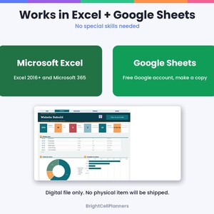 Może przedstawiać: Cyfrowy szablon arkusza kalkulacyjnego kompatybilny z Microsoft Excel 2016+ i Google Sheets. Grafika zawiera tekst Works in Excel + Google Sheets, No special skills needed, oraz podgląd pulpitu nawigacyjnego z wykresami.