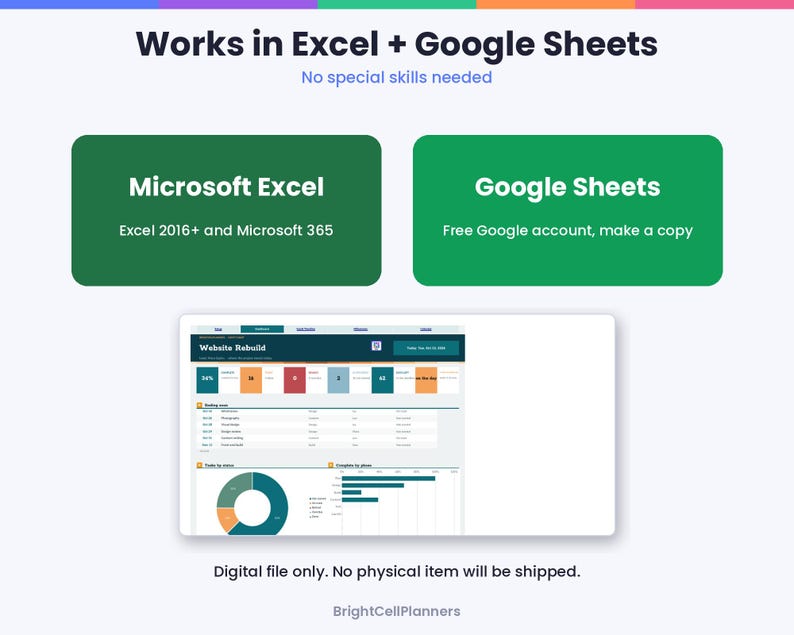 Może przedstawiać: Cyfrowy szablon arkusza kalkulacyjnego kompatybilny z Microsoft Excel 2016+ i Google Sheets. Grafika zawiera tekst Works in Excel + Google Sheets, No special skills needed, oraz podgląd pulpitu nawigacyjnego z wykresami.
