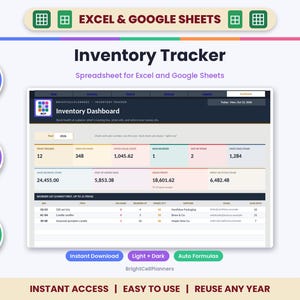 May include: An inventory tracker spreadsheet for Excel and Google Sheets featuring an inventory dashboard with data tables for items, stock values, and sales revenue. The interface includes auto formulas, editable fields, and a reorder list for tracking business supplies.