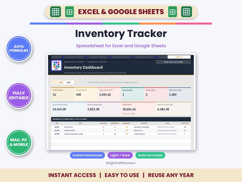 May include: An inventory tracker spreadsheet for Excel and Google Sheets featuring an inventory dashboard with data tables for items, stock values, and sales revenue. The interface includes auto formulas, editable fields, and a reorder list for tracking business supplies.