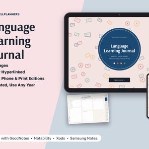K&ouml;nnte beinhalten: Ein digitales Sprachlerntagebuch auf einem Tablet- und Smartphone-Bildschirm. Die Benutzeroberfl&auml;che zeigt einen hellrosa Hintergrund mit kleinen Symbolen, einen dunkelblauen Kreis und den Text Language Learning Journal.