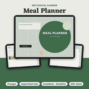 May include: A 2027 digital meal planner displayed on a tablet screen with a light green grid background, a large dark green circle, and text reading Meal Planner, 2027 Digital Planner, and Plan the week, enjoy the table, with two smaller tablet views.