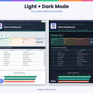 May include: A digital client and invoice tracker dashboard displayed in light and dark modes. The interface features a client dashboard with metrics for active clients, leads, and revenue, including a table of top clients and a bar chart.