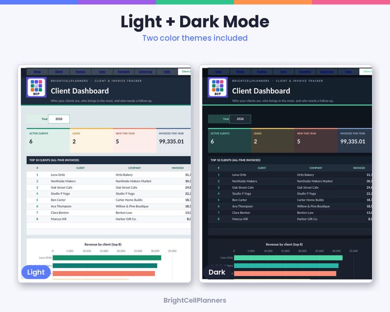 May include: A digital client and invoice tracker dashboard displayed in light and dark modes. The interface features a client dashboard with metrics for active clients, leads, and revenue, including a table of top clients and a bar chart.
