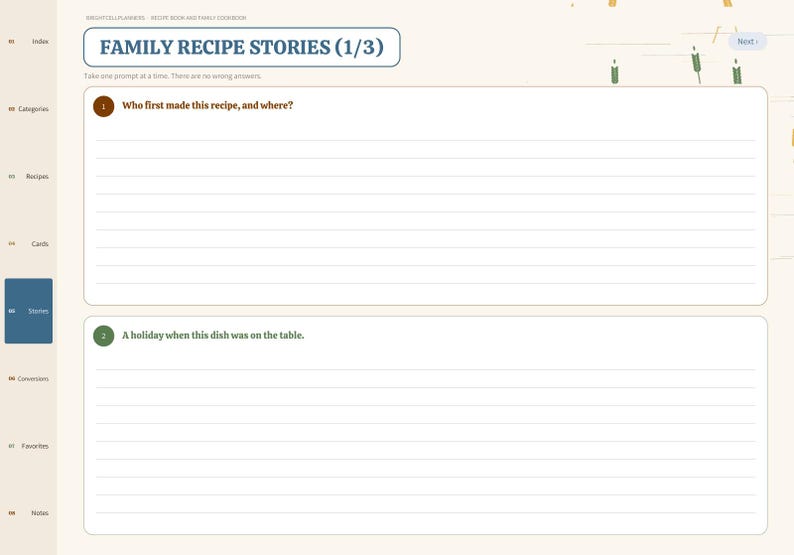 May include: A digital planner page titled FAMILY RECIPE STORIES (1/3) with a sidebar menu. It features two white rectangular sections with lined writing space, each preceded by a numbered circle. The first prompt asks who first made the recipe, and the second asks for a holiday when the dish was served.