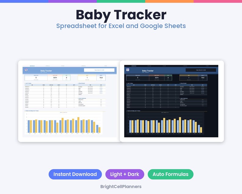 May include: A digital Baby Tracker spreadsheet for Excel and Google Sheets featuring light and dark mode interfaces with data tables, summary metrics, and bar charts. The text includes Baby Tracker, Spreadsheet for Excel and Google Sheets, Instant Download, Light + Dark, Auto Formulas, and BrightCellPlanners.