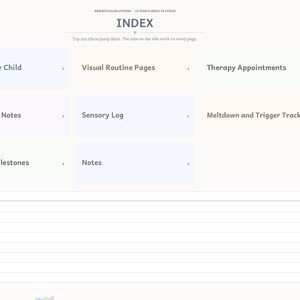 May include: A digital planner index page titled Autism Family Planner with navigation tiles for All About My Child, Visual Routine Pages, Therapy Appointments, IEP Meeting Notes, Sensory Log, Meltdown and Trigger Tracker, Wins and Milestones, and Notes.